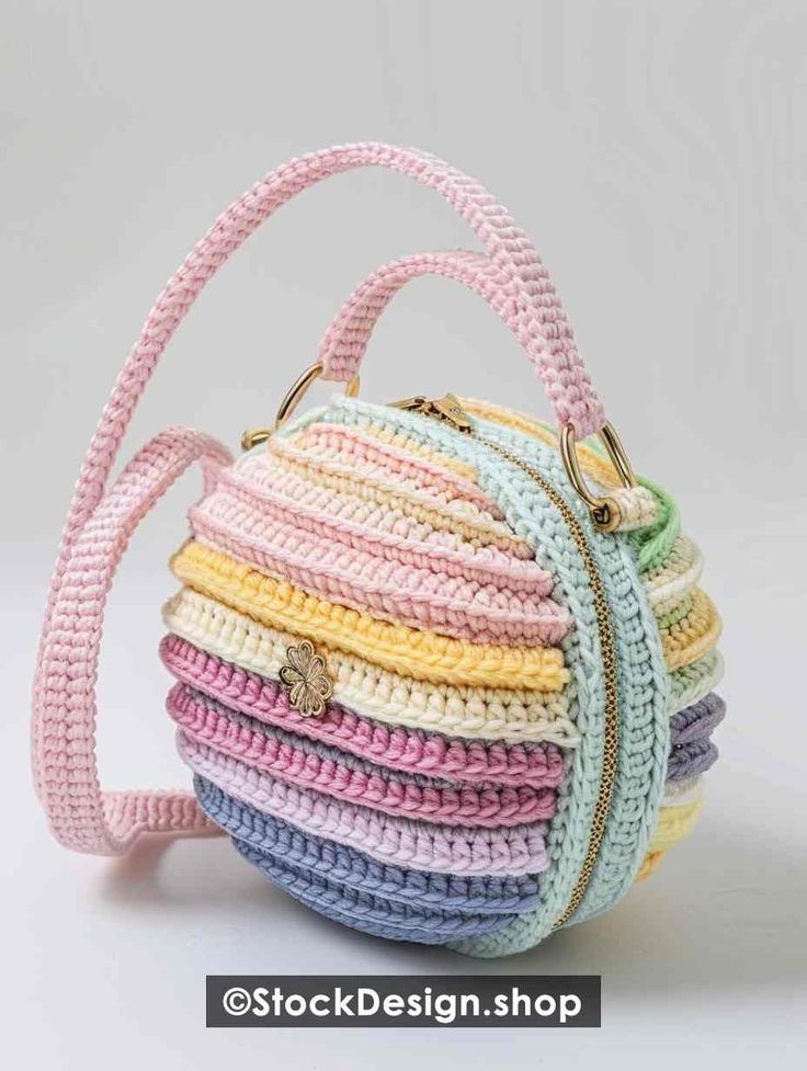 a multicolored crocheted purse with a handle on the front and side