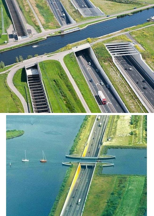 an aerial view of two different roads and bridges in the same area, one has a river running through it