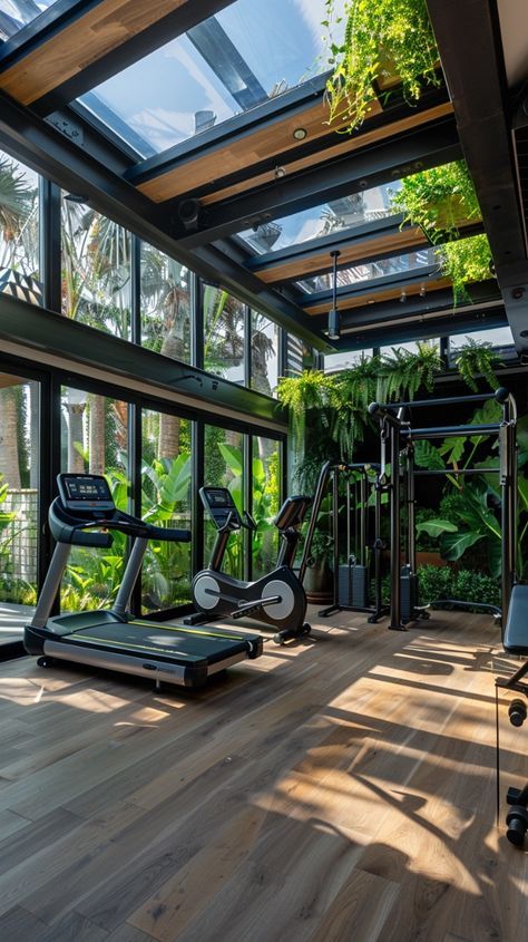 an indoor gym with treadmills, exercise machines and plants in the windowed area