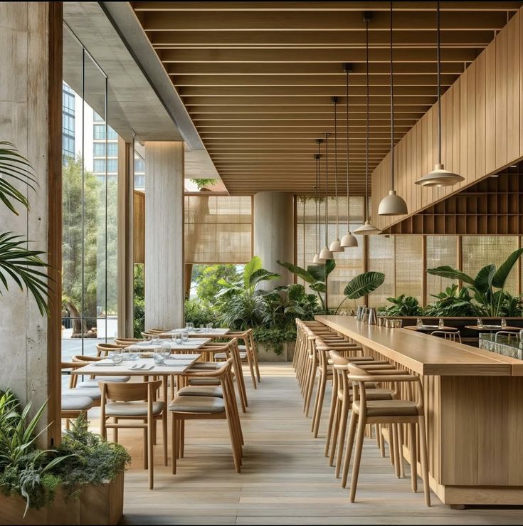 an empty restaurant with wooden tables and chairs, plants on the wall and large windows