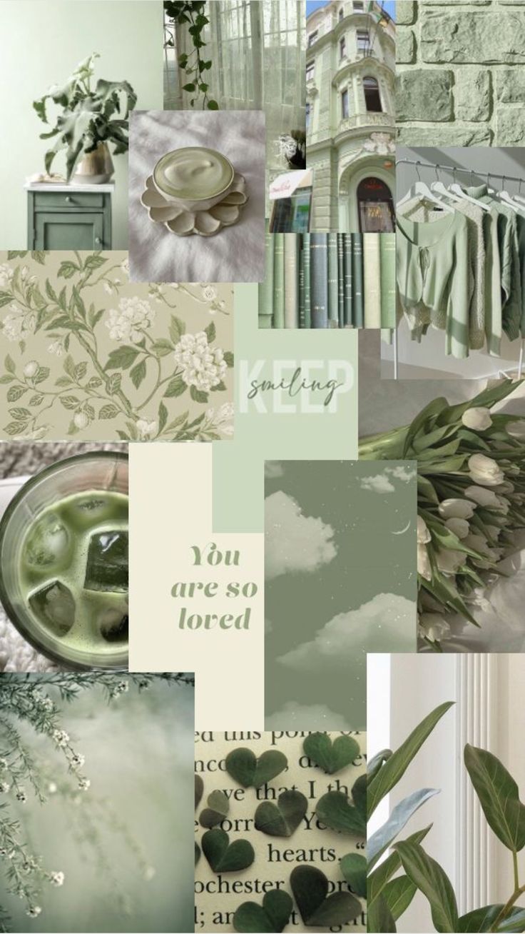 a collage with green and white colors