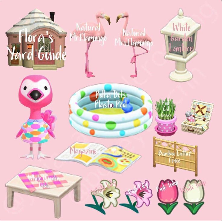 a pink background with flamingos and other items