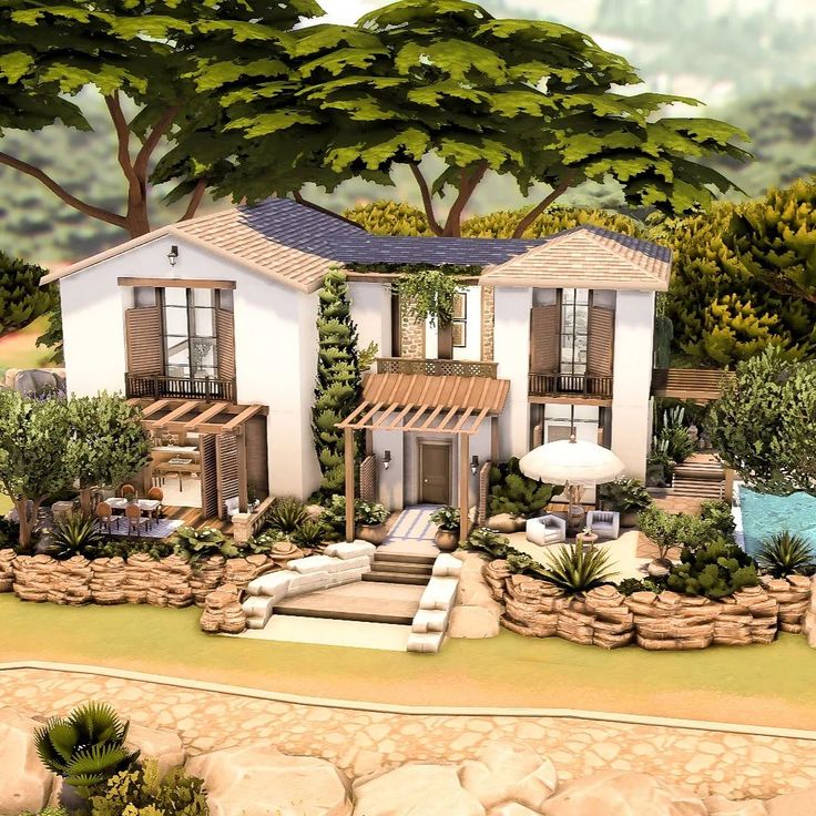 an artist's rendering of a house surrounded by trees and bushes with seating area