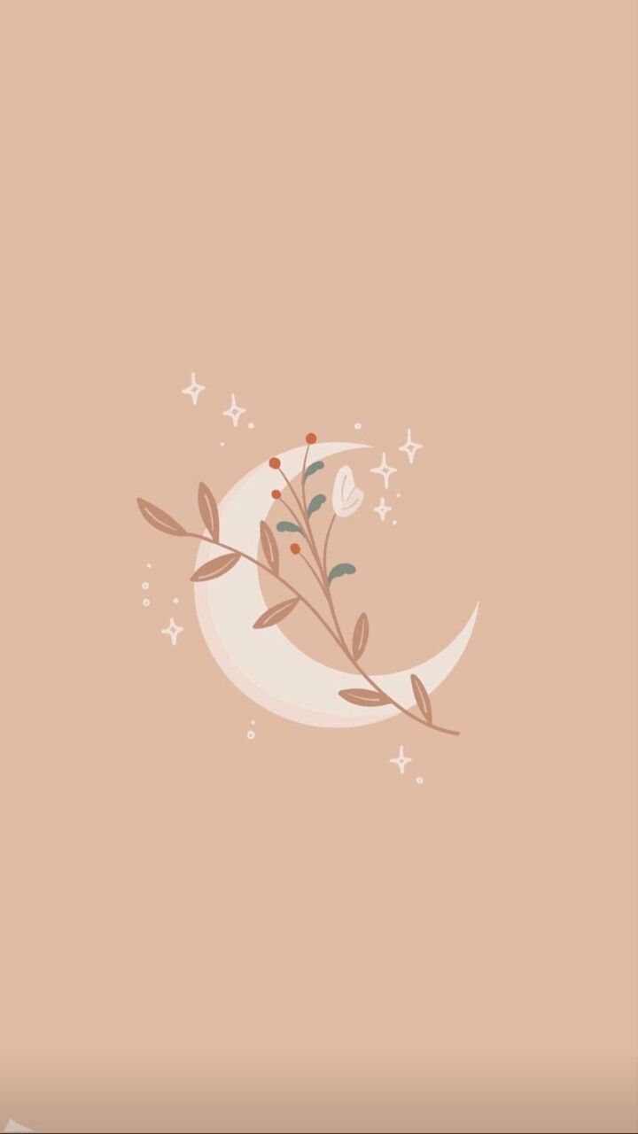 the moon with flowers on it and stars in the sky behind it, against a pale pink background