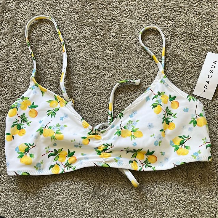 Darling Bikini Top. Nwt. Yellow Triangle Top Swimwear For Vacation, Tropical Swimwear For Spring Brunch, Tropical Style Swimwear For Spring Brunch, Yellow Lemon Print Swimwear For Beach Season, Yellow Lemon Print Swimwear For Beach, Yellow Tropical Swimwear For Spring, Casual Yellow Triangle Top Swimwear, Yellow Lemon Print Swimwear For Pool, Spring Beach Swimwear With Lemon Print