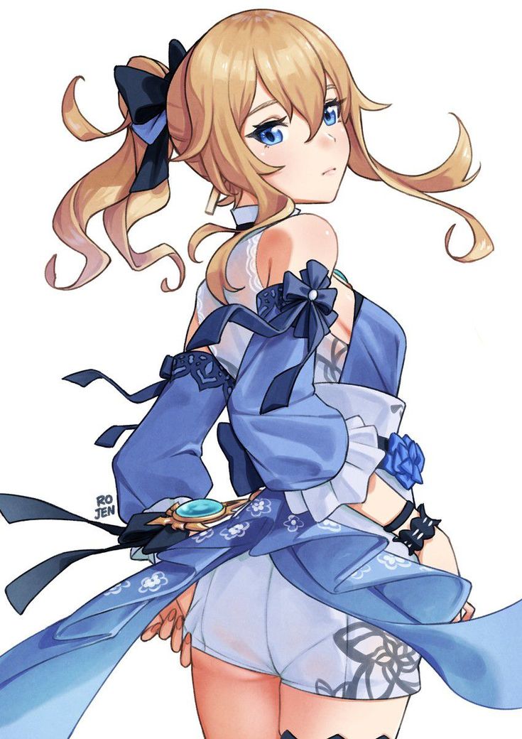 an anime character with long blonde hair and blue dress, holding her hand on her hip