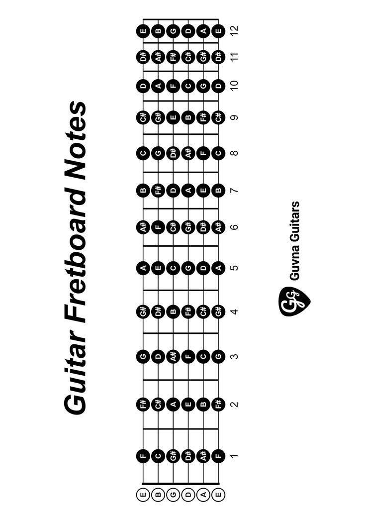 Printable Guitar Fretboard Notes Chart (.pdf) Basic Chords Guitar, Guitar Fretboard Notes, Basic Guitar Chords Chart, Guitar Notes Chart, Fretboard Notes, Learn Electric Guitar, Electric Guitar Chords, All Guitar Chords, Learn Acoustic Guitar