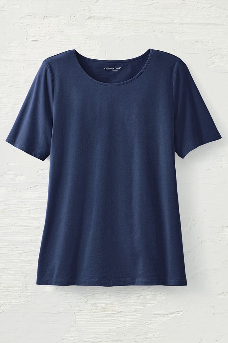 A favorite comfortable knit, now in a great new basic. Our short-sleeve tee is soft, and ideal for layering. Small Frame, Coldwater Creek, Full Figured, Basic Tees, Workout Tee, Fashion Tees, Sale House, Cotton Spandex, Fashion Pants