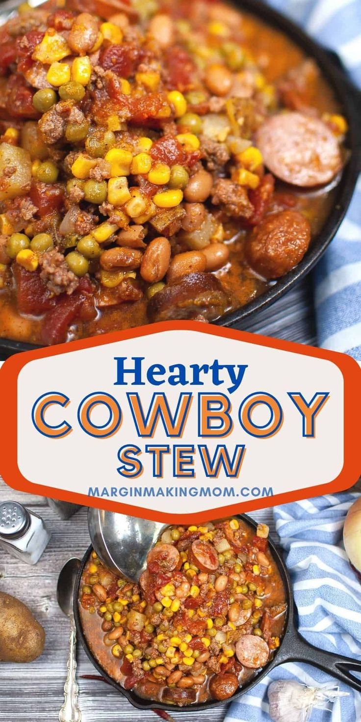 hearty cowboy stew in a skillet with spoons and corn on the side