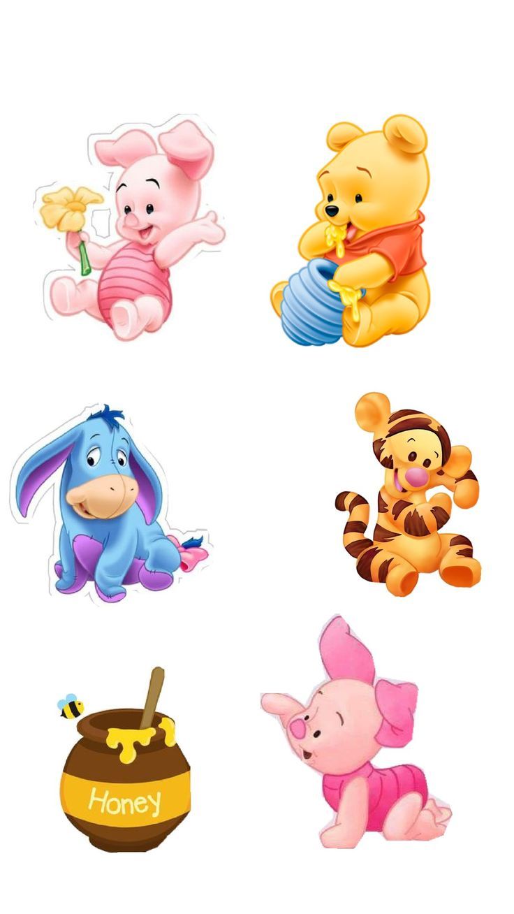 winnie the pooh and friends stickers are shown in different shapes, sizes and colors