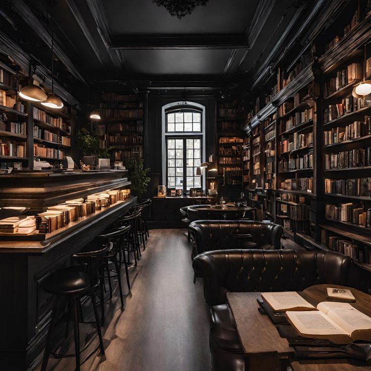 the library is full of books and leather furniture