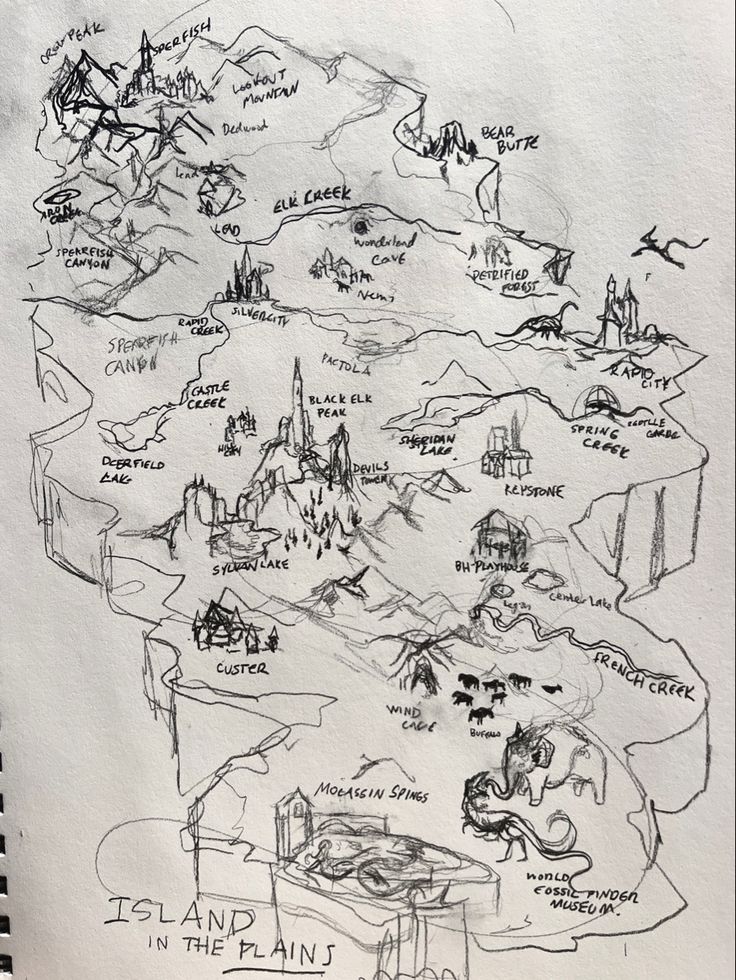 a drawing of a map with many places in it