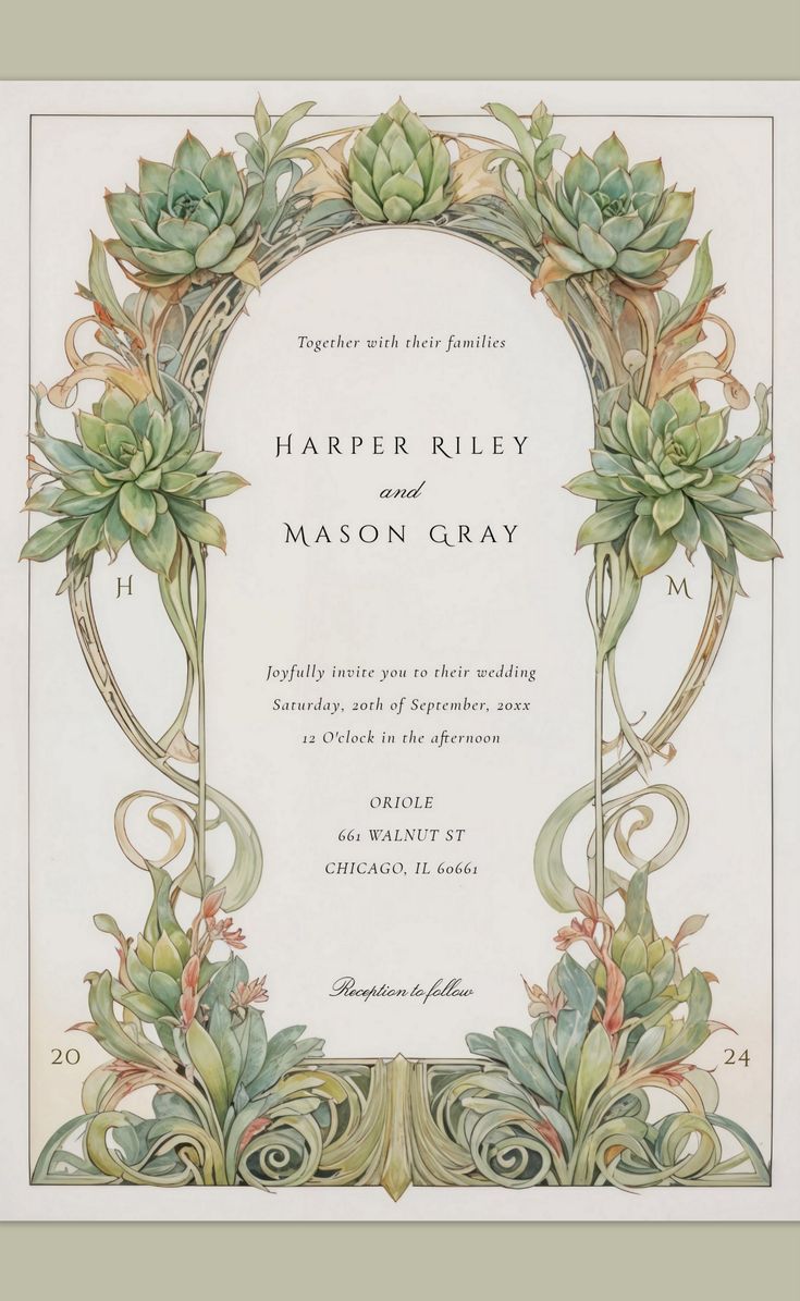 an ornate wedding card with succulents and leaves on the border is shown