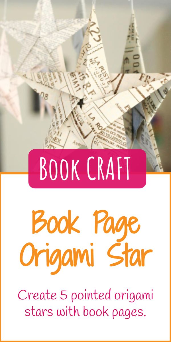 a book page origami star hanging from strings with the title, book craft