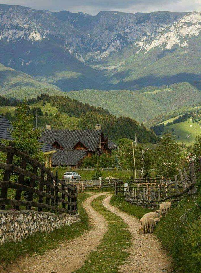 a dirt road going through a lush green valley with mountains in the background and houses on either side