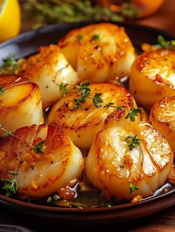 cooked scallops on a plate with lemons and parsley in the background