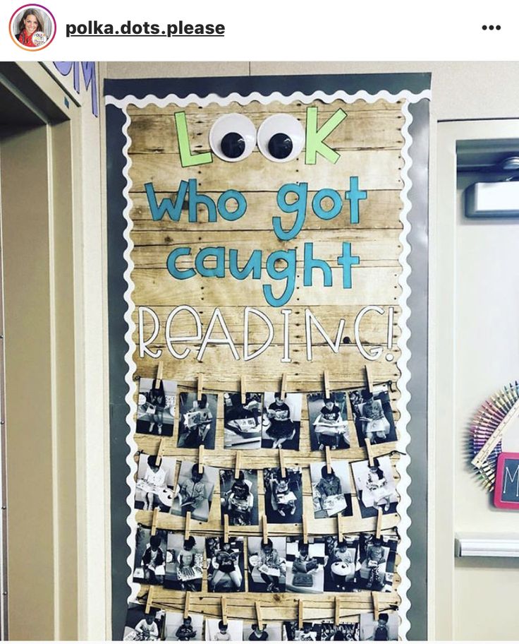 a bulletin board with pictures on it and the words, look who got caught reading