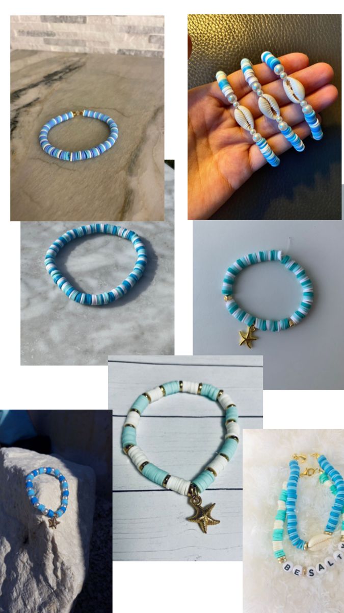 several different bracelets and necklaces are shown in multiple pictures, including one with a starfish on it