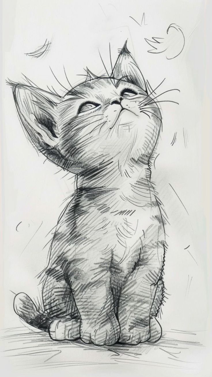 a black and white drawing of a cat looking up at the sky with its eyes closed