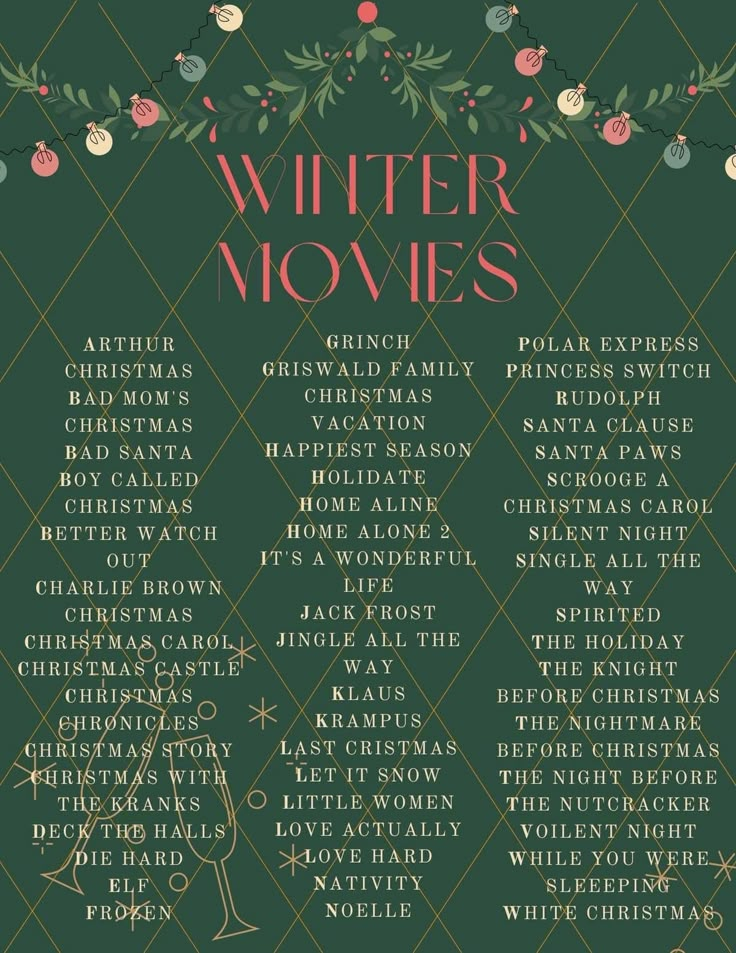 the winter movies list is shown on a green background with pink flowers and greenery