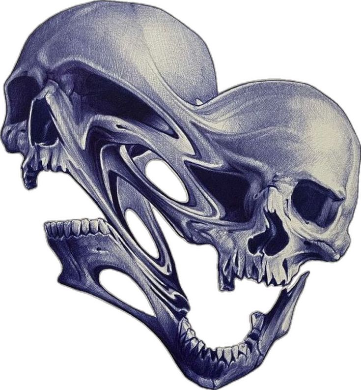 a drawing of two skulls with their mouths open and one skull in the foreground