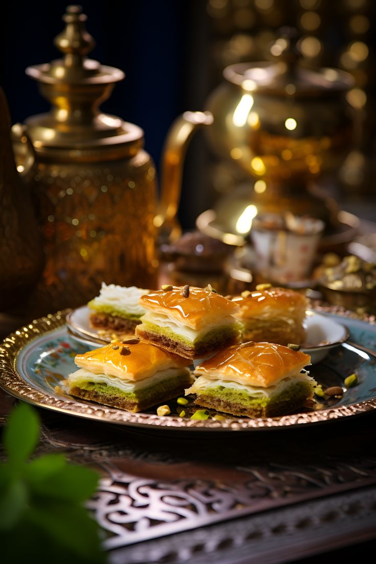 a plate with sandwiches on it next to some teapots and other food items