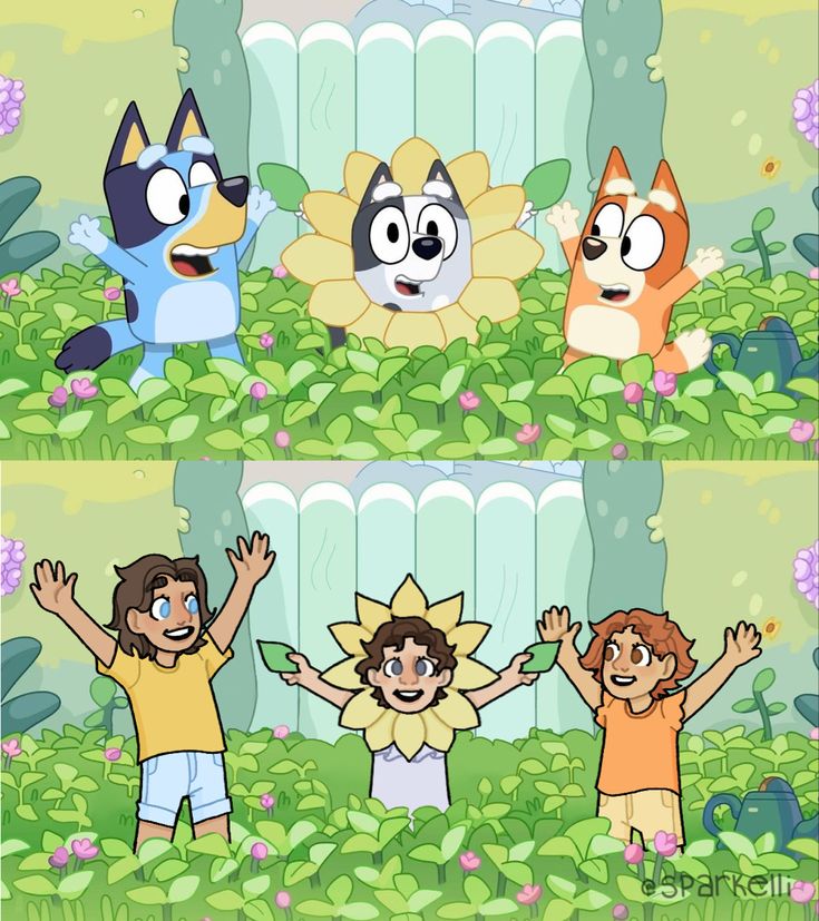 three cartoon characters are standing in the grass with their hands up and one is holding his head