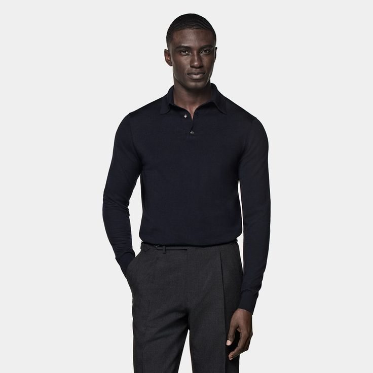 Dress it up under a tailored jacket or swap your shirt with it for a more casual anytime style-this navy long-sleeve polo shirt is an easygoing seasonal must-have. Formal Long Sleeve Polo Sweater For Winter, Black Polo Collar Sweater For Work, Navy Collared Polo Sweater For Fall, Classic Navy Polo Sweater For Workwear, Casual Navy Collared Polo Sweater, Classic Long Sleeve Polo Sweater For Formal Occasions, Navy Long Sleeve Polo Sweater, Black Cotton Polo Sweater For Work, Formal Black Top With Ribbed Collar