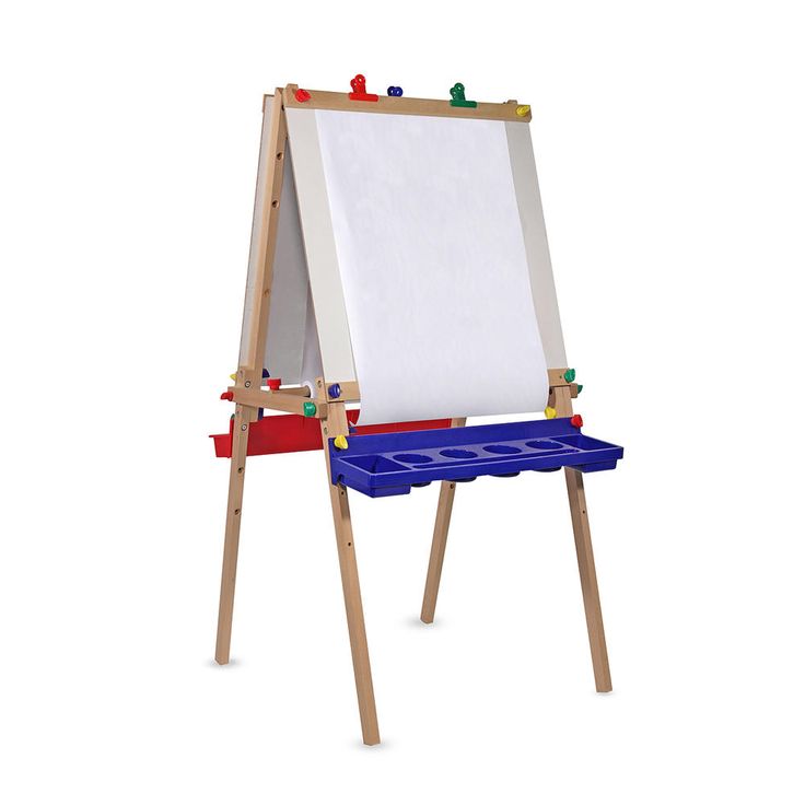 a wooden easel with a blue tray and red bucket on it's legs