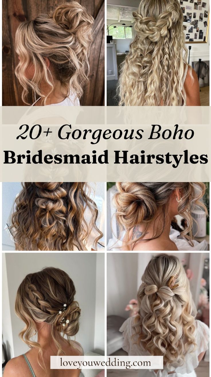 23 Boho Bridesmaid Hair Ideas: Half Up, Long, Updos. Searching for the perfect boho bridesmaid hair ideas? Click through to see 23 beautiful bohemian bridesmaid hairstyles for long, short, and medium length hair. Whether you're interested in bridesmaid hair with braids, updos, half up, long hair, or flower crowns, we have the best boho wedding hairstyles for bridesmaids! Bridesmaid Hair Step By Step, Easy Braided Bridesmaid Hair, Bridal Hairstyles For Thick Hair, Bohemian Hair Styles Wedding, Hairstyles For Long Thick Hair Wedding, Messy Curls Down Style Wedding Hair With Braid, Hair Ideas Wedding Bridesmaid, Side Braid Wedding Hair Bridesmaid, Long Thick Bridesmaid Hair