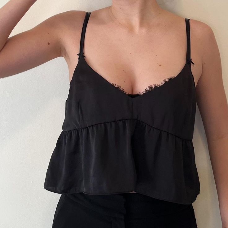 Gently Worn, Essentially In Brand New Condition. Very Cute, Versatile Tank That Can Be Dressed Up Or Down! Casual Party Camisole With Ruffles, Casual Ruffled Camisole For Party, Flirty Black Tops For Summer, Black Flirty Summer Tops, Flirty Black Top For Date Night, Summer Flirty Black Tops, Flirty Camisole Top For Date Night, Black Spaghetti Strap Top For Day Out, Flirty Black Summer Tops