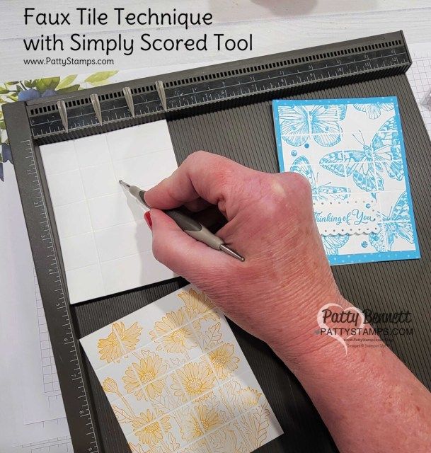 a person is using scissors to cut paper on a piece of crafting material with the words faux tile technique with simply scored tool