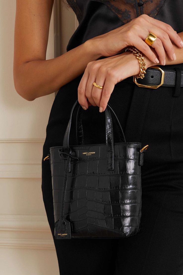 Black Toy mini croc-effect leather tote | SAINT LAURENT | NET-A-PORTER Ysl Mini Tote, Look Com Mini Bag, Affordable Luxury Handbags, Croc Bag Outfit, Designer Mini Bags, Mini Tote Bag Outfit, Mini Bags Outfit, Ysl Bucket Bag, Coco Chanel Bags