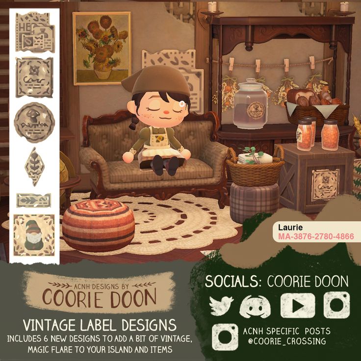 an image of a living room with furniture and decor on it's walls, as well as the words corolle doon vintage label designs