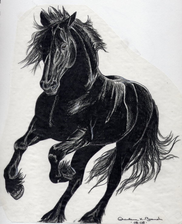 a black and white drawing of a running horse