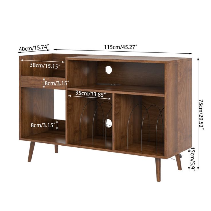 the sideboard is shown with measurements for each section and features two doors, one door open