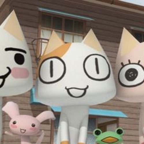 three cartoon characters are standing in front of a house with their faces painted like cats and dogs