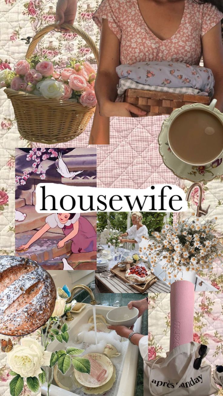 a collage of photos with the words housewife written in white and pink on it