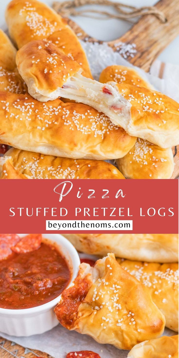 pizza stuffed pretzels are piled on top of each other and ready to be eaten