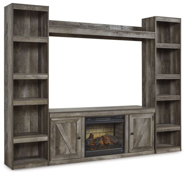 an entertainment center with a fireplace in the middle and shelves on each side, along with a sliding door