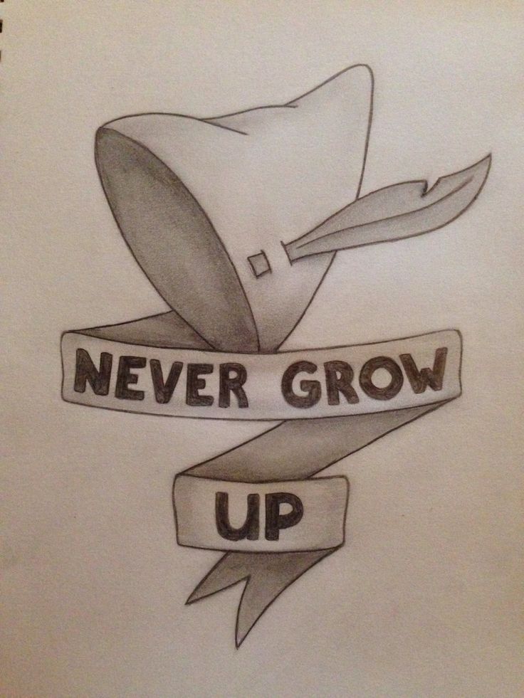 a drawing of a hat and banner with the words never grow up