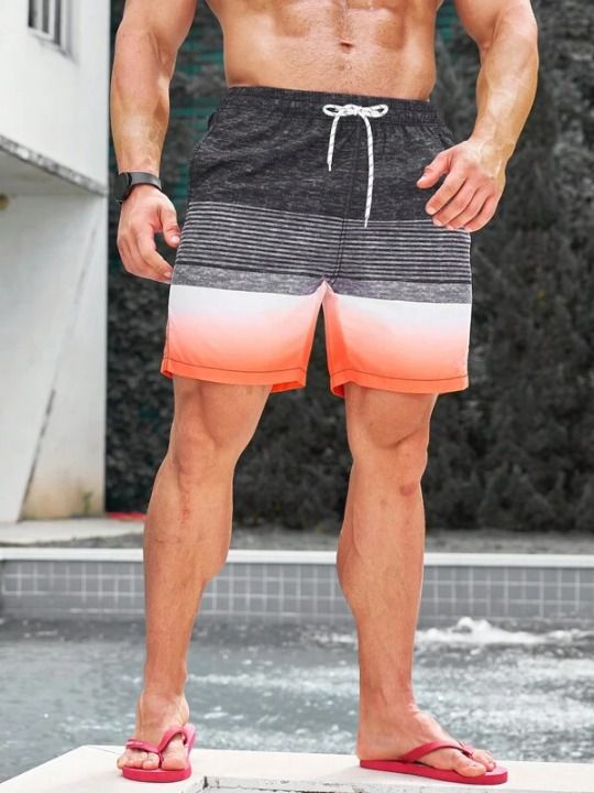 Make a bold statement with our Striped Print Swim Shorts. Designed for those who want to showcase their unique sense of style, these swim shorts are a true fashion statement. The vibrant and eye-catching horizontal striped print instantly grabs attention and adds a playful touch to your beach or poolside look. Details: Pattern Type: Striped, Letter Details: Patched, Drawstring Type: Bottoms Bottom Type: Shorts Fabric: Non-Stretch Composition: 100% Polyester Care Instructions: Machine wash, do no Trendy Beach Bottoms With Color Block, Striped Shorts With Elastic Waistband For Summer, Sporty Orange Shorts For Summer, Striped Swim Trunks For Summer Pool, Striped Summer Shorts With Elastic Waistband, Trendy Color Block Bottoms For Summer, Striped Color Block Swimwear For Vacation, Trendy Swimming Shorts For Summer, Trendy Summer Swimming Shorts