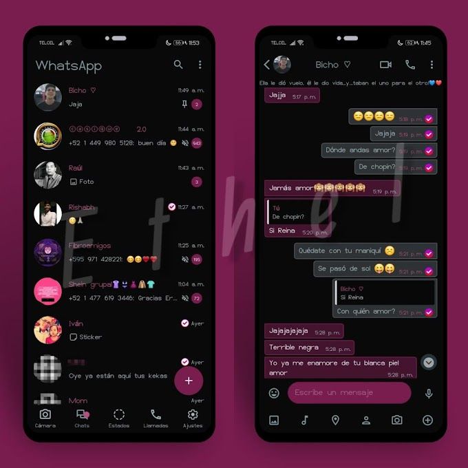 two screens showing whatsapp messages are being viewed on their smartphones, one is dark and the other is pink