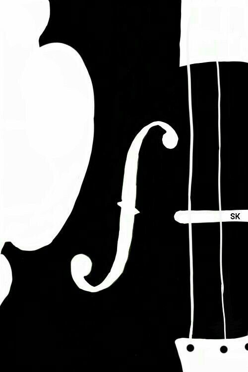 a black and white drawing of a violin with the strings pulled back to its side