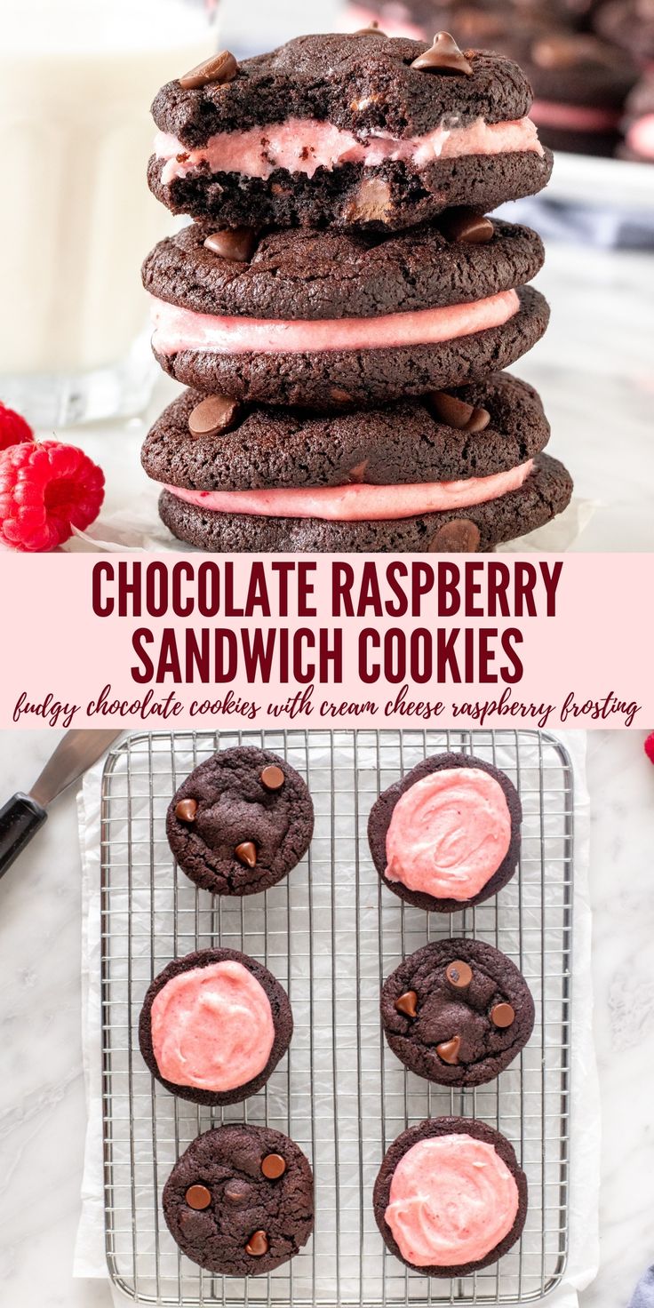 chocolate raspberry sandwich cookies are stacked on top of each other with pink frosting