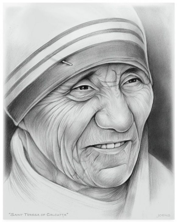 a pencil drawing of an old woman with a smile on her face and wearing a headdress