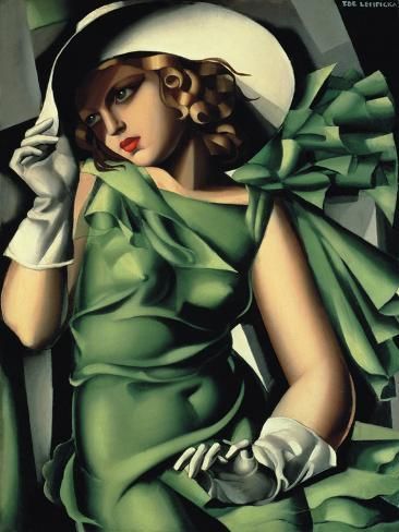 a painting of a woman in a green dress and white hat