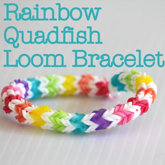 the rainbow quadfish loom bracelet is shown with text overlay