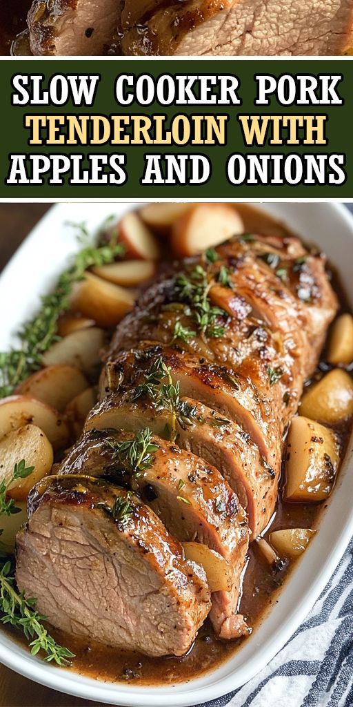 the slow cooker pork tenderloin with apples and onions is ready to be eaten