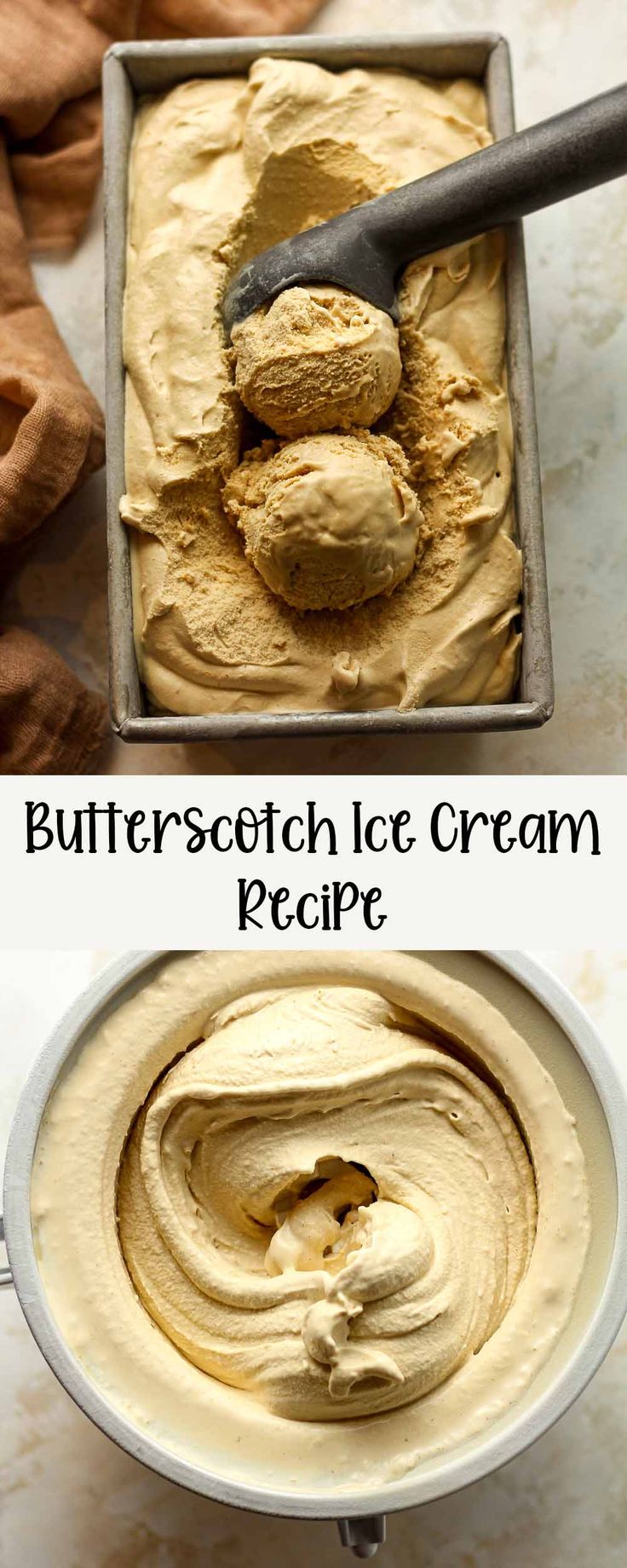 butterscotch ice cream recipe in a bowl with a spoon on top and an image of